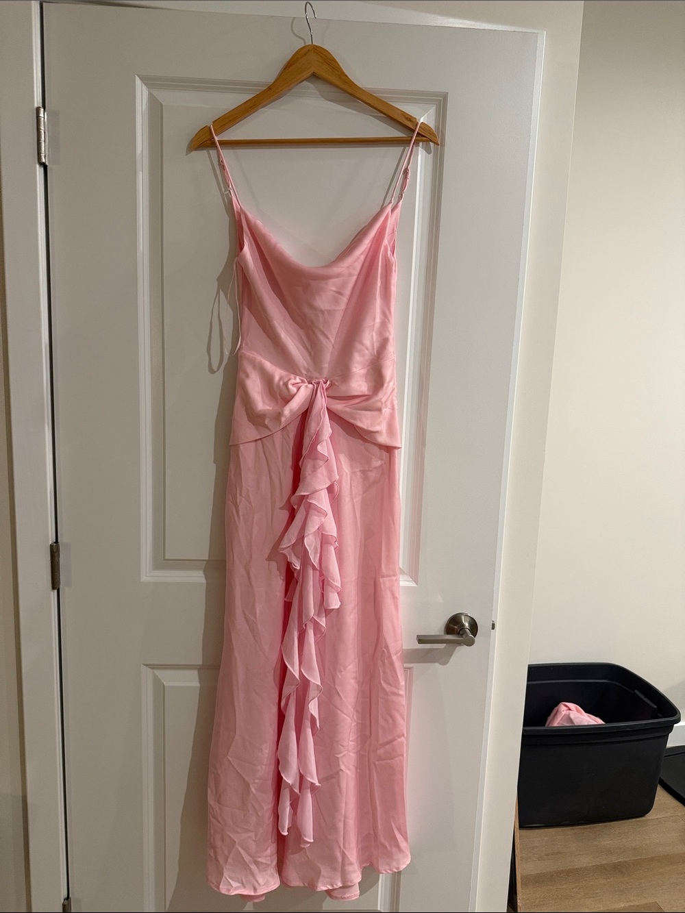 Selfie Leslie Pale Pink Strapless Satin Ruffle Bridesmaid Dress